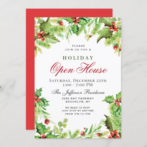 Holly Berry Wreath Christmas Holiday OPEN HOUSE Invitation