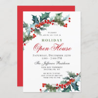 Holly Berry Wreath Christmas Holiday OPEN HOUSE Invitation