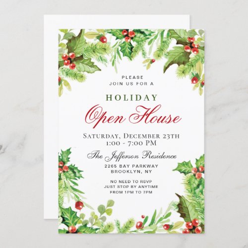 Holly Berry Wreath Christmas Holiday OPEN HOUSE Invitation