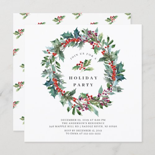 Holly Berry Wreath Christmas Holiday Party Invitation