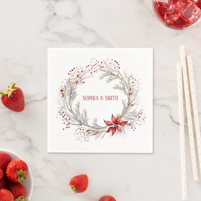 Holly Berry Wreath Christmas Wedding Napkins (Insitu)