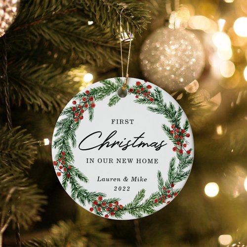 Holly Berry Wreath First Christmas in New Home Ceramic Ornament