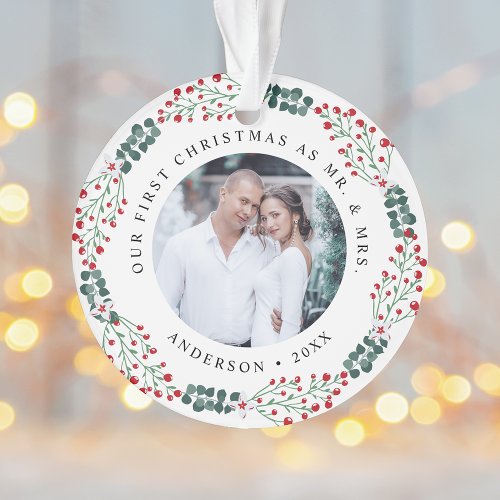 Holly Berry Wreath First Christmas Wedding Photo Ornament