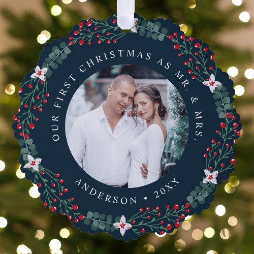 Holly Berry Wreath First Christmas Wedding Photo Ornament Card