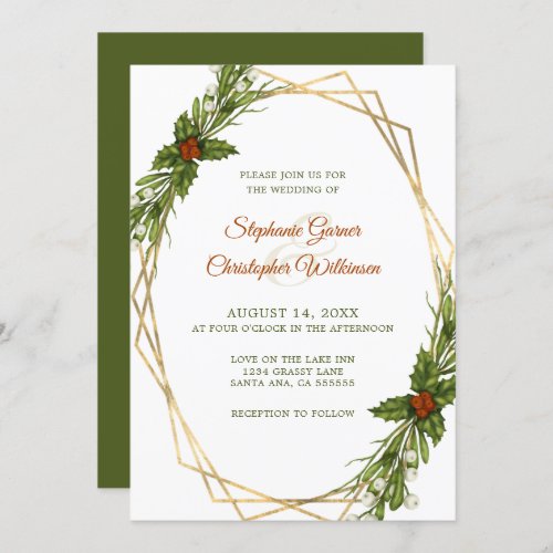 Holly Berry Wreath Gold Frame Christmas Wedding Invitation