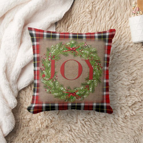 Holly Berry Wreath JOY Plaid Burlap Christmas Throw Pillow
