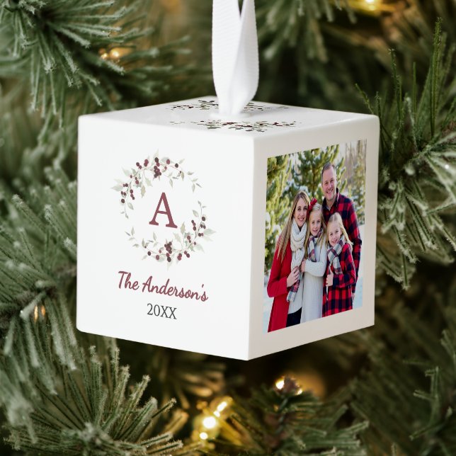 Holly Berry Wreath Monogram Family Photo Cube Ornament (Tree)