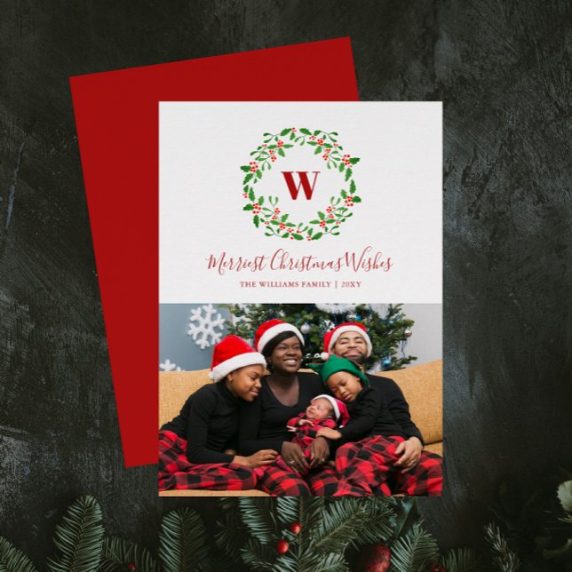 Holly Berry Wreath Monogram Holiday Photo Card (festive retro holly berry wreath and family monogram Christmas card with landscape family photo)