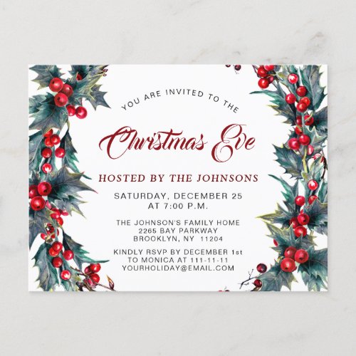 Holly Berry Wreath Watercolor Christmas Eve Party Postcard