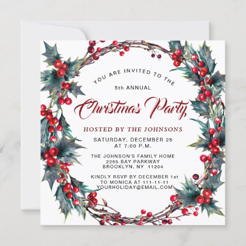 Holly Berry Wreath Watercolor Christmas Party Invitation