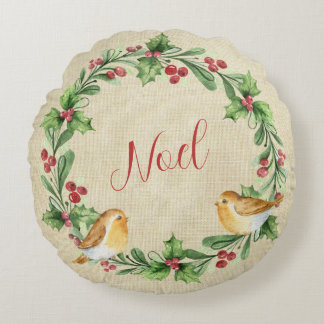Holly Berry Wreath With Birds - Noel Round Pillow