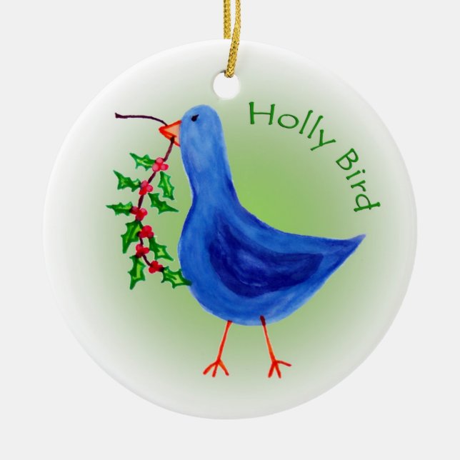 Holly Bird with Green background Ceramic Ornament (Front)