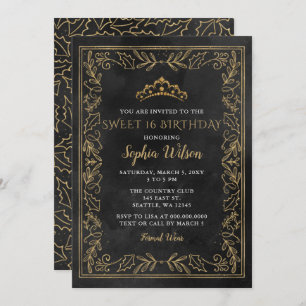 Holly Black Gold Princess Tiara Sweet 16 Birthday Invitation