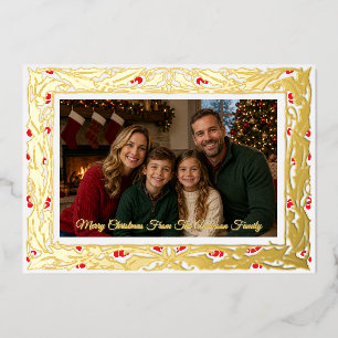 Holly Border Photo Christmas Foil Holiday Card
