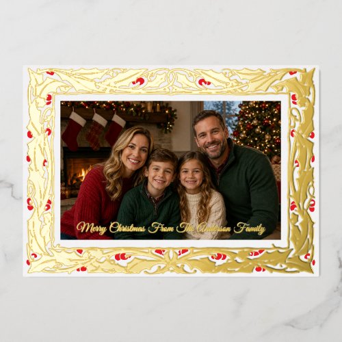 Holly Border Photo Christmas Foil Holiday Card