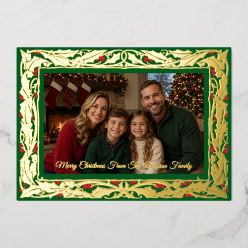 Holly Border Photo Christmas Foil Holiday Card