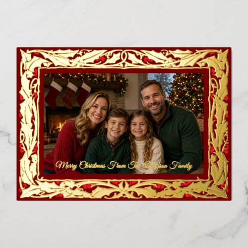 Holly Border Photo Christmas Foil Holiday Card