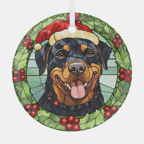 Holly Border Santa Rottweiler Dog Christmas Glass Ornament