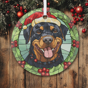 Holly Border Santa Rottweiler Dog Christmas Glass Ornament