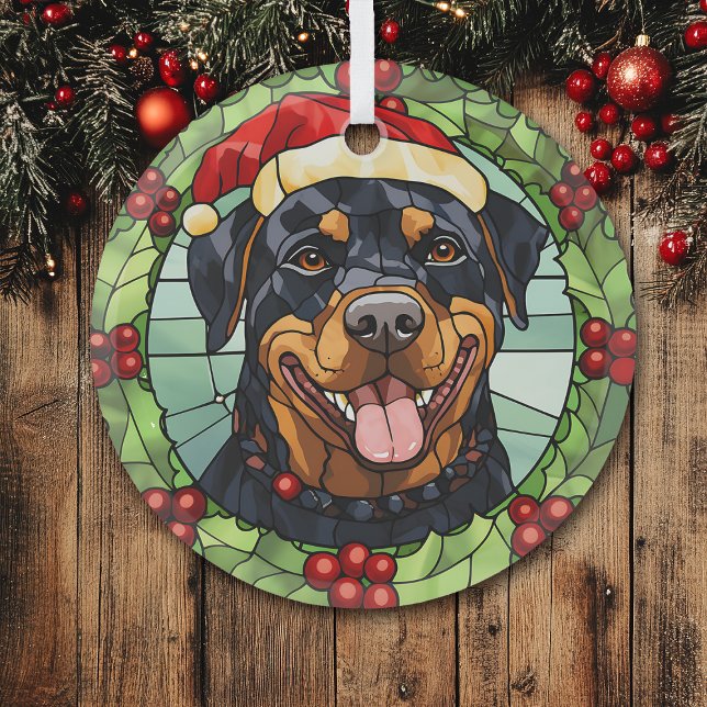 Holly Border Santa Rottweiler Dog Christmas Glass Ornament (Creator Uploaded)