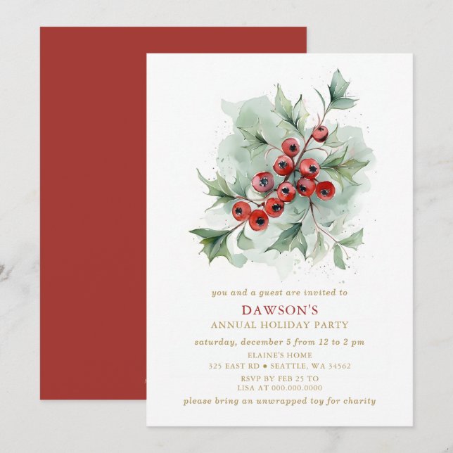 Holly Botanical Corporate Christmas Party  Invitation (Front/Back)