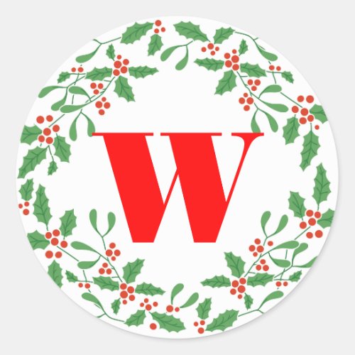 Holly Bough Wreath Monogram Gift Sticker