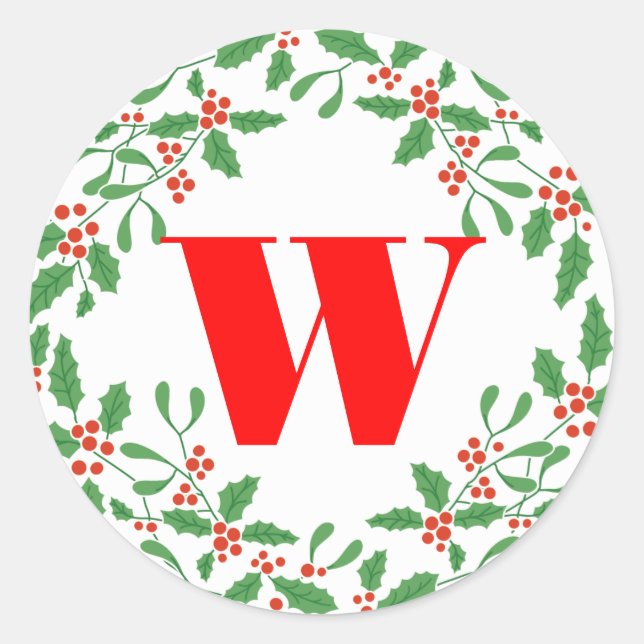 Holly Bough Wreath Monogram Gift Sticker (Front)