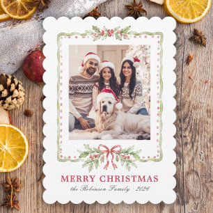 Holly Bow Greenery 1 Photo Family Christmas  Holiday Card