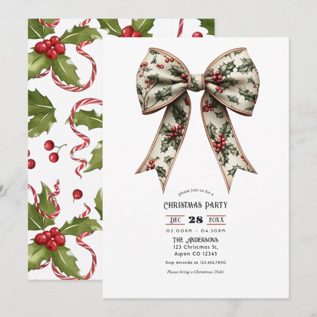 Holly Bow Holiday Christmas Party Invitation (Front/Back)