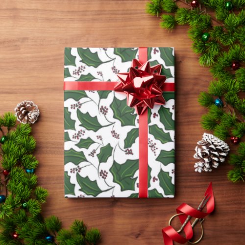 Holly branch and berry wrapping paper