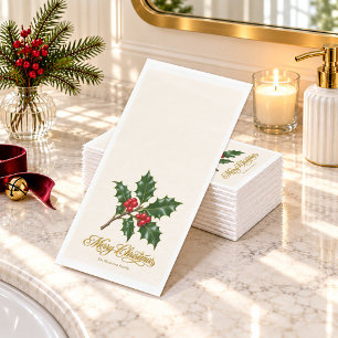 Holly Branch and Gold Merry Christmas Script Paper Guest Towels