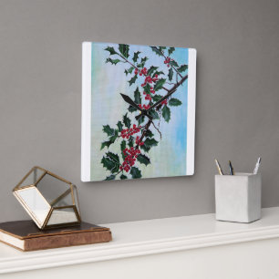 Holly Branch in Winter's Snow by Alfred Fox Square Wall Clock