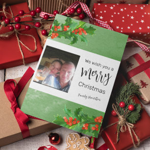 Holly Branches Merry Christmas Flat Holiday Card
