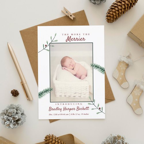 Holly Branches New Baby Photo Christmas Birth Holiday Card