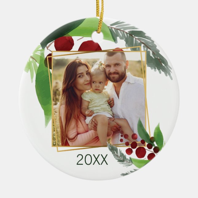 Holly Branches Photo Christmas Ornament (Front)