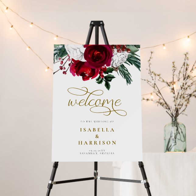 HOLLY Burgundy Floral Christmas Wedding Welcome Fo Foam Board (In Situ (Stand))