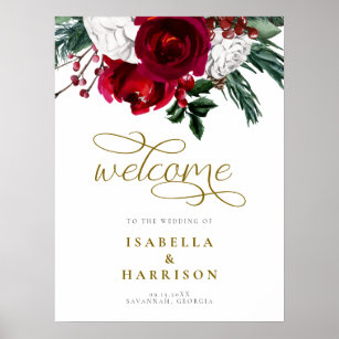 HOLLY Burgundy Floral Christmas Wedding Welcome Poster