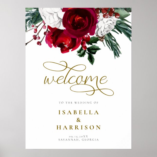 HOLLY Burgundy Floral Christmas Wedding Welcome Poster (Front)