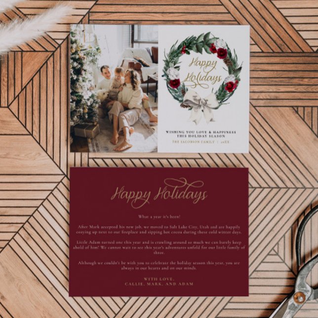 HOLLY Burgundy Floral Pine Photo Christmas Card (Creator Uploaded)