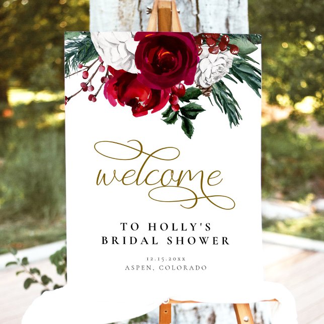 HOLLY Burgundy Floral Winter Bridal Shower Welcome Foam Board (Creator Uploaded)