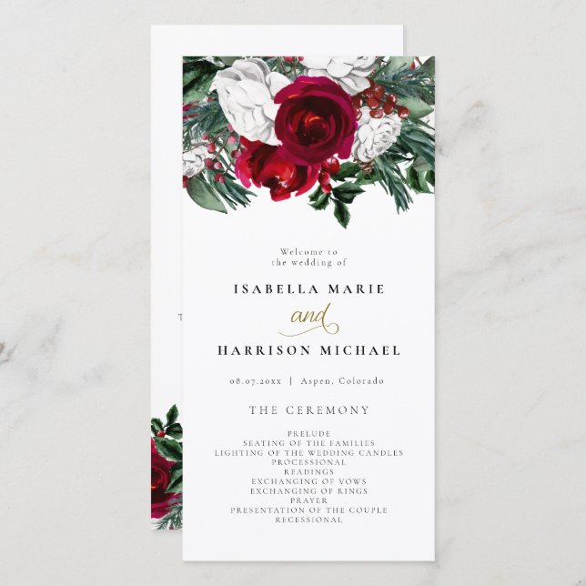 HOLLY Burgundy Winter Floral Gold Wedding Program (Front/Back)