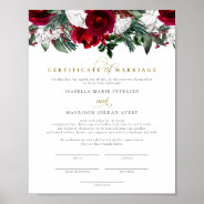 Holly Burgundy Winter Floral Marriage Certificate Poster at Zazzle