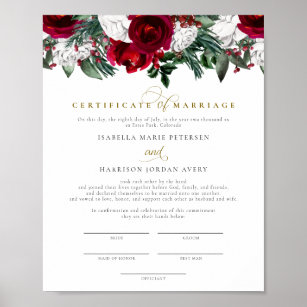 HOLLY Burgundy Winter Floral Marriage Certificate Poster