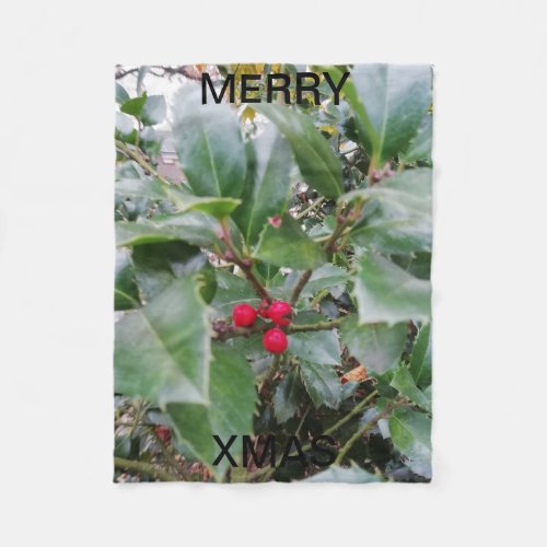 Holly bush with red berries fleece blanket