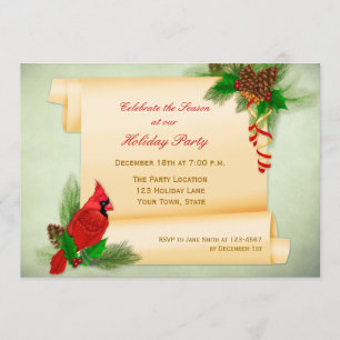 Holly, Cardinal, Parchment Scroll Party Invitation