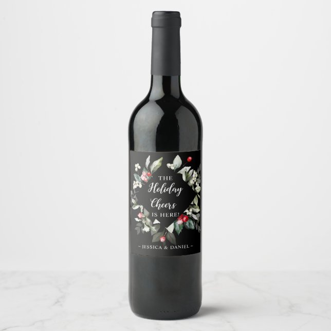 Holly Cheers Black Holiday Christmas Wine Label (Front)