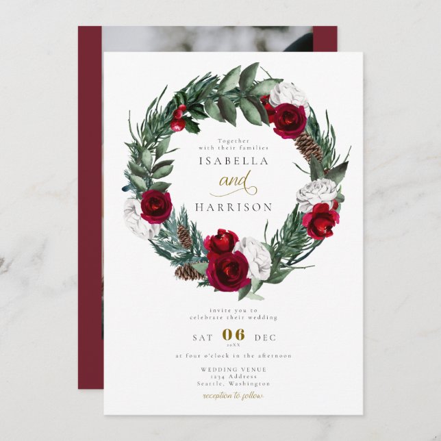 HOLLY Christmas Burgundy Floral Photo Wedding Invitation (Front/Back)