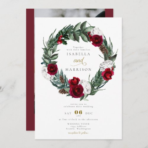 HOLLY Christmas Burgundy Floral Photo Wedding Invitation