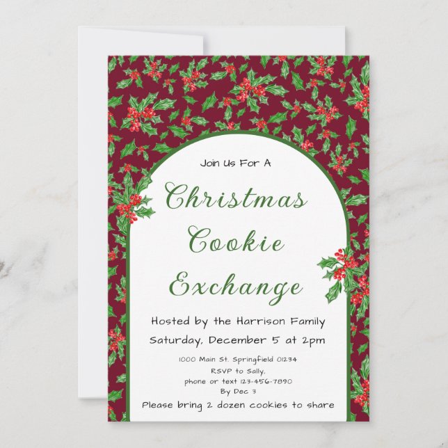 Holly Christmas Cookie Exchange Red and Green Invitation (Front)