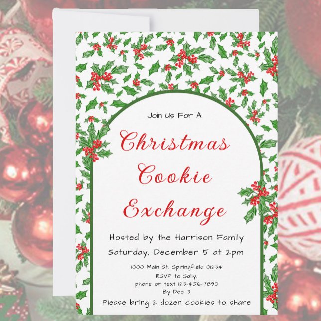 Holly Christmas Cookie Exchange Red and Green Invitation (Creator Uploaded)